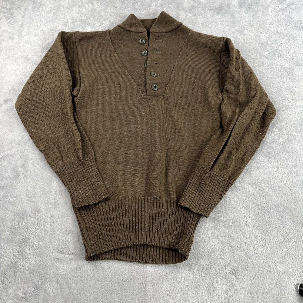 Vtg 60's Brown Wool Knit Henley Sweater S Military Style Button Mock Neck Top